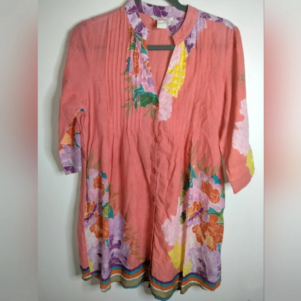 Sundance (Size M) Multicolored Floral Cotton Button Down Front Half Sleeve Tunic